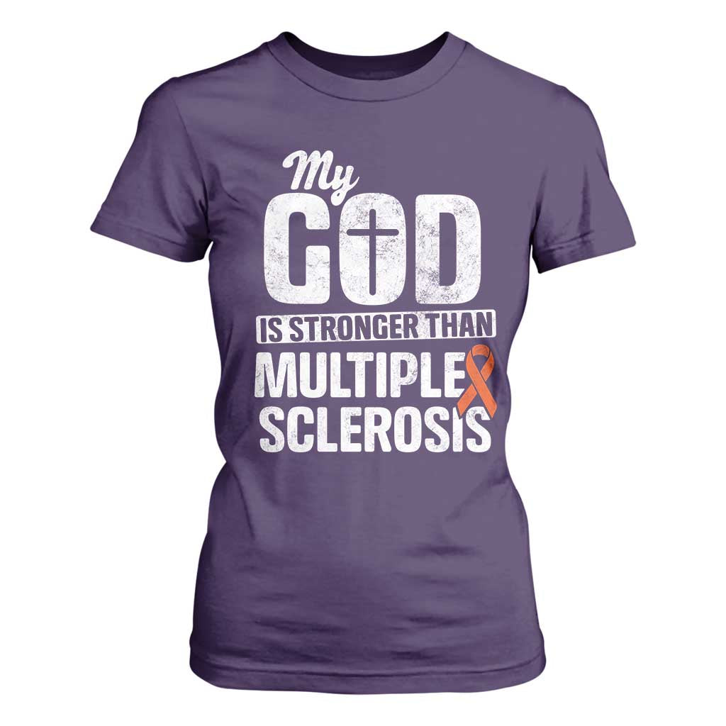 God Stronger Multiple Sclerosis Support Squad T Shirt For Women Orange Ribbon MS Fighter