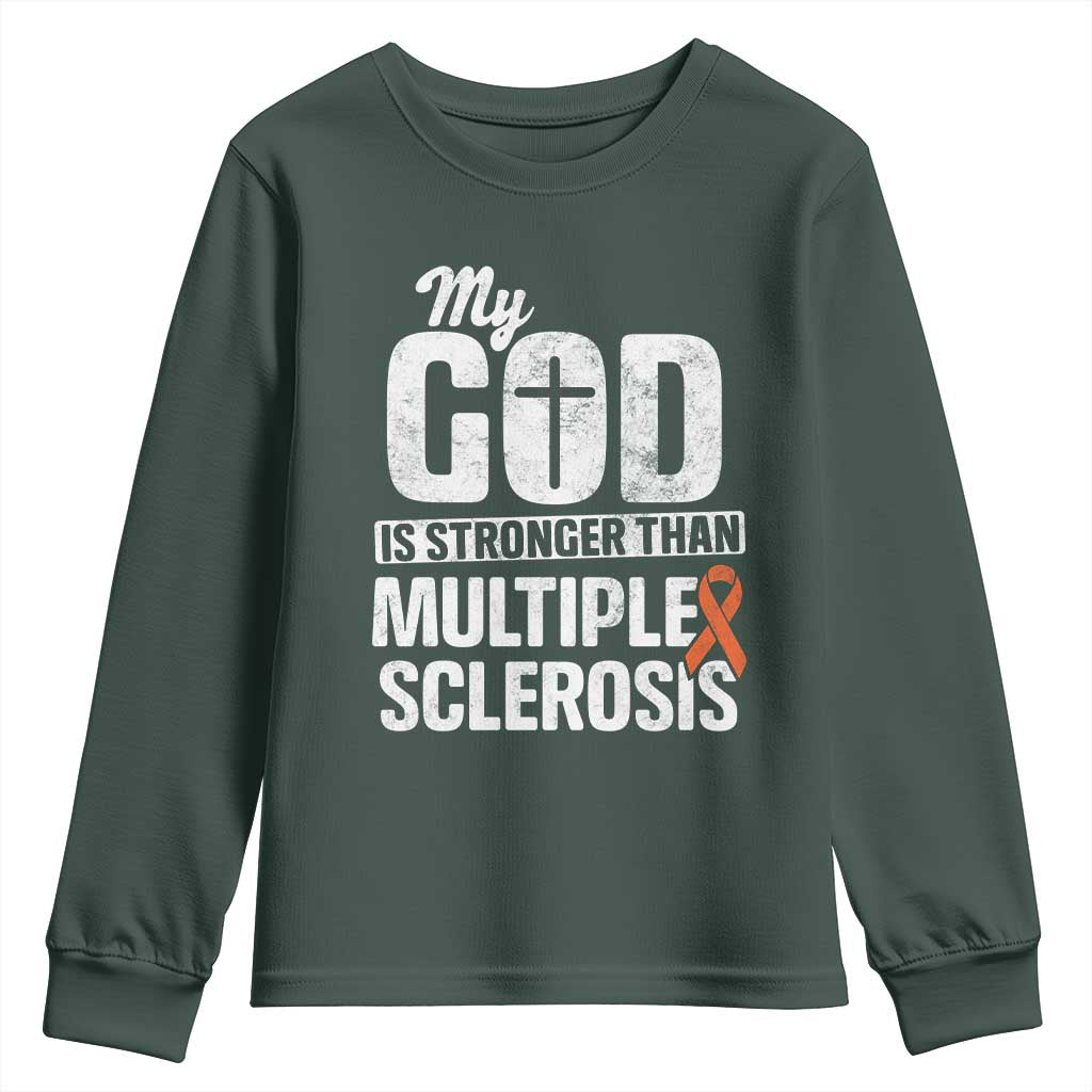 God Stronger Multiple Sclerosis Support Squad Youth Sweatshirt Orange Ribbon MS Fighter