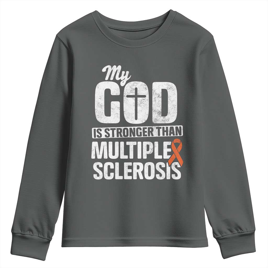 God Stronger Multiple Sclerosis Support Squad Youth Sweatshirt Orange Ribbon MS Fighter