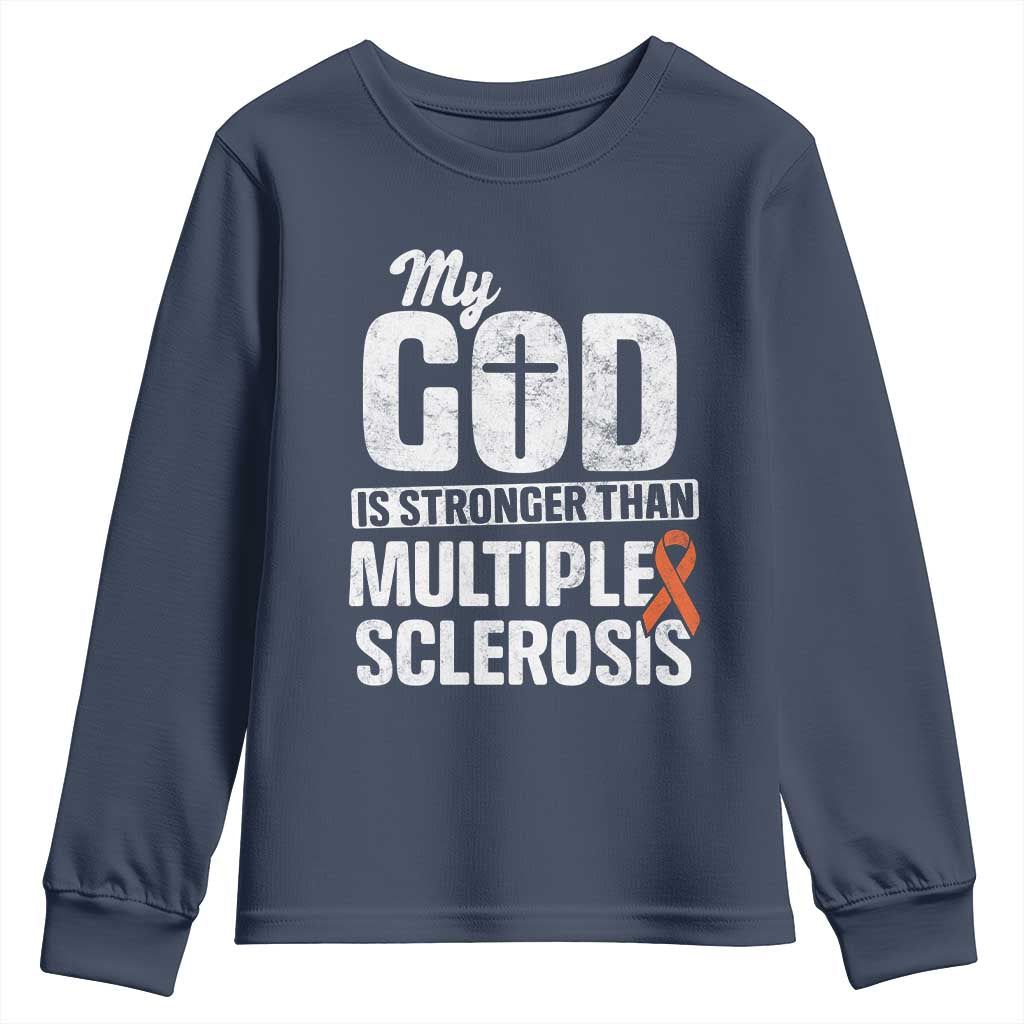God Stronger Multiple Sclerosis Support Squad Youth Sweatshirt Orange Ribbon MS Fighter