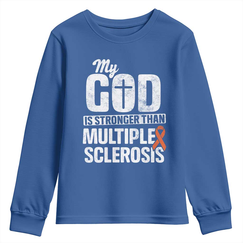 God Stronger Multiple Sclerosis Support Squad Youth Sweatshirt Orange Ribbon MS Fighter