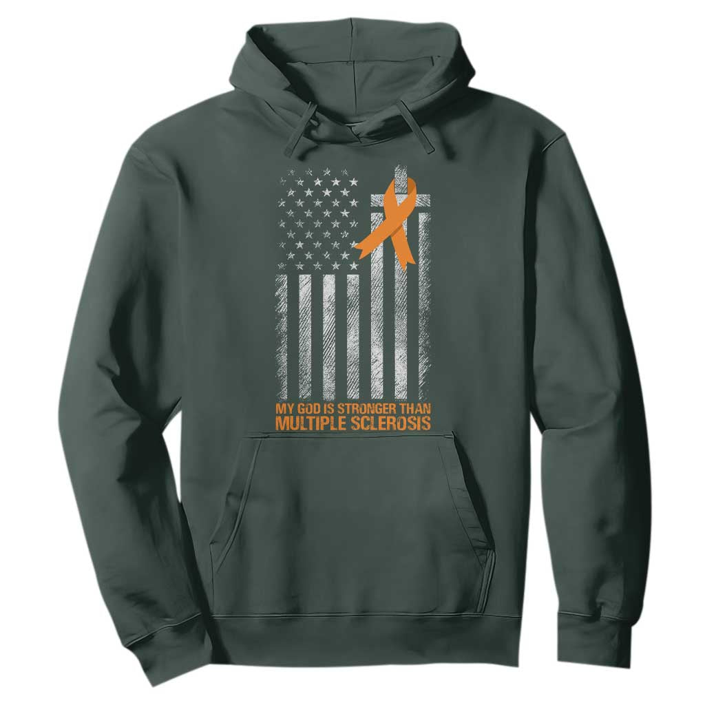 Multiple Sclerosis Support Hoodie God Stronger Orange Ribbon Christian American Flag