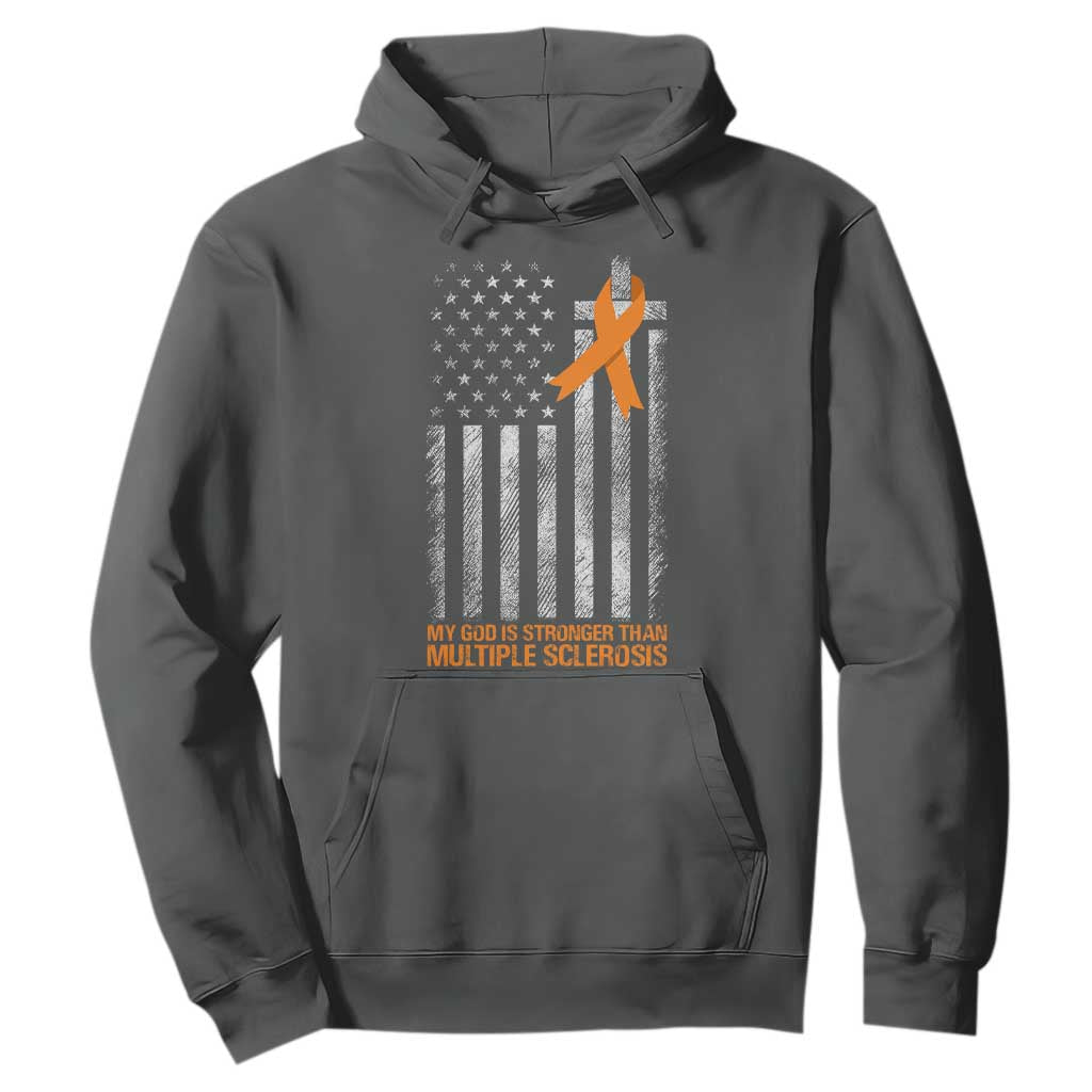 Multiple Sclerosis Support Hoodie God Stronger Orange Ribbon Christian American Flag
