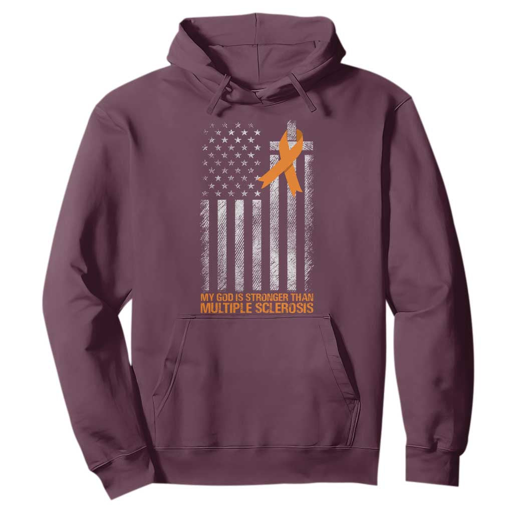 Multiple Sclerosis Support Hoodie God Stronger Orange Ribbon Christian American Flag