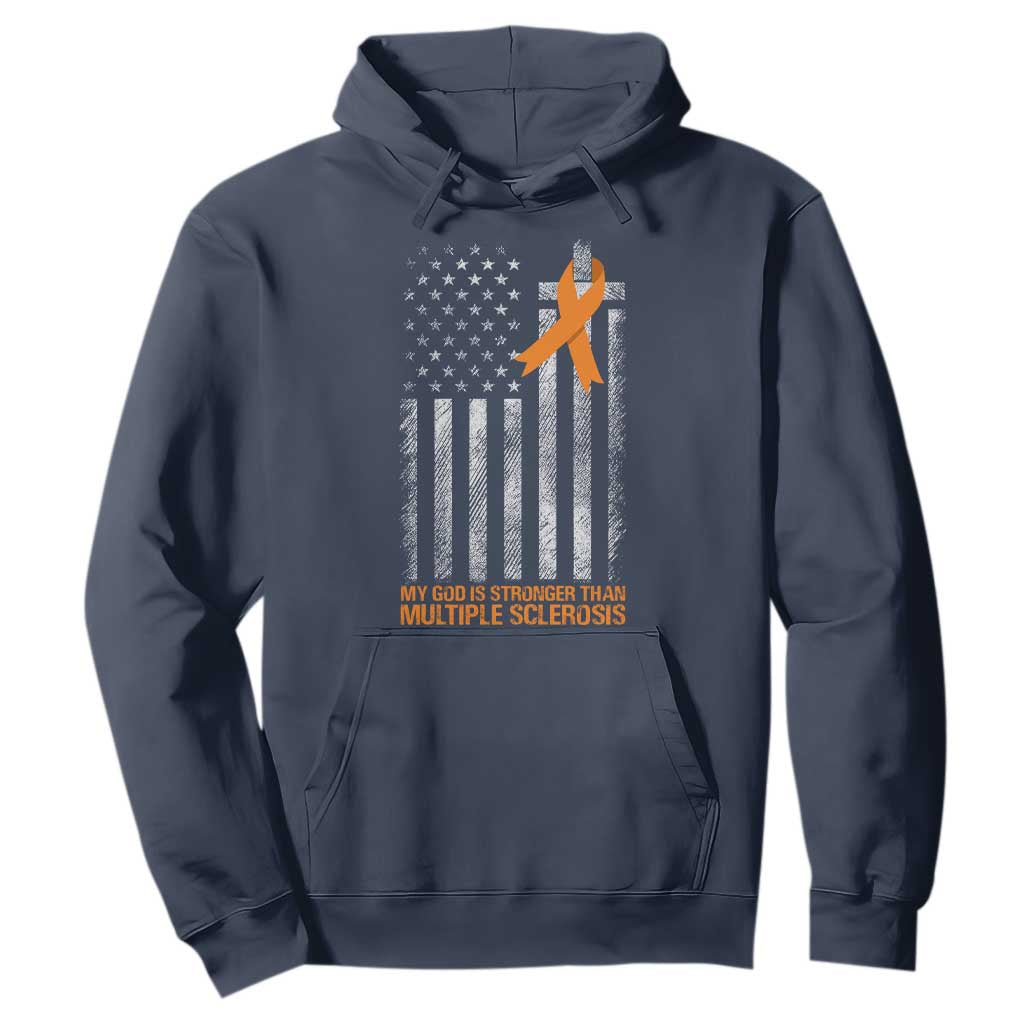 Multiple Sclerosis Support Hoodie God Stronger Orange Ribbon Christian American Flag
