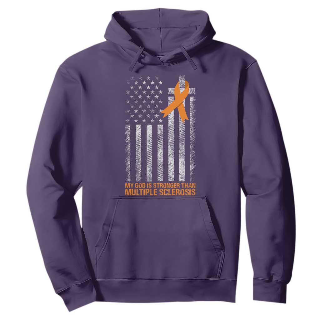 Multiple Sclerosis Support Hoodie God Stronger Orange Ribbon Christian American Flag