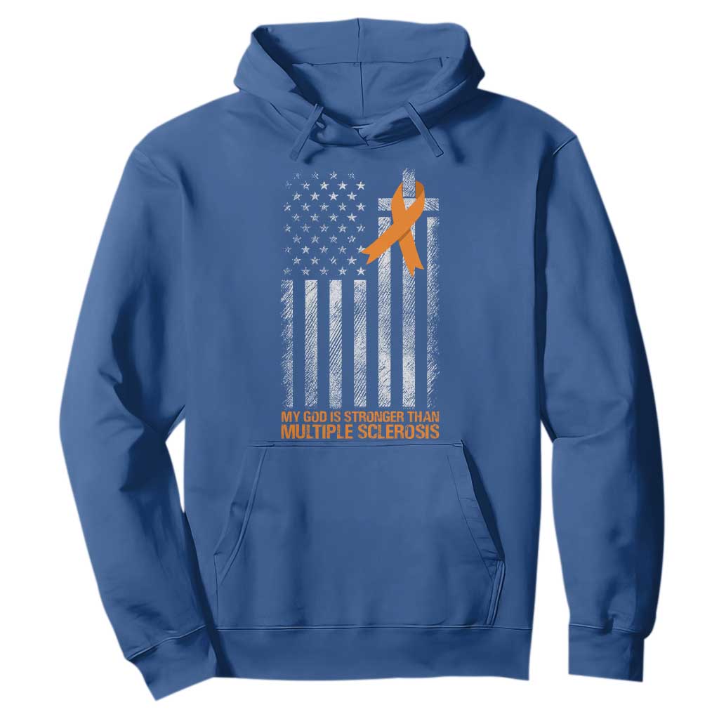 Multiple Sclerosis Support Hoodie God Stronger Orange Ribbon Christian American Flag