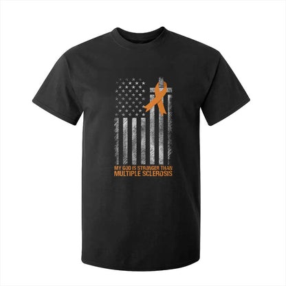 Multiple Sclerosis Support T Shirt For Kid God Stronger Orange Ribbon Christian American Flag