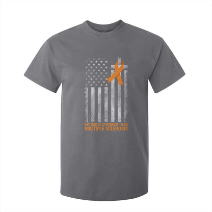 Multiple Sclerosis Support T Shirt For Kid God Stronger Orange Ribbon Christian American Flag