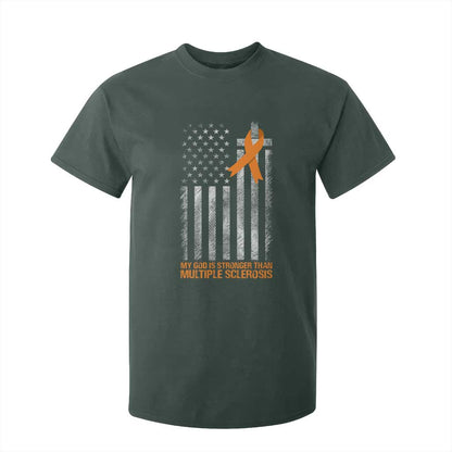 Multiple Sclerosis Support T Shirt For Kid God Stronger Orange Ribbon Christian American Flag
