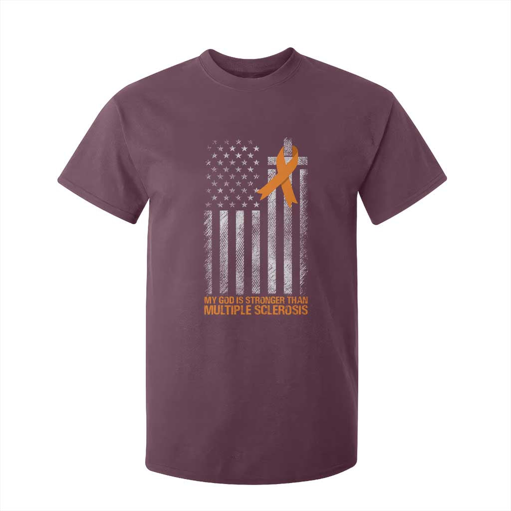 Multiple Sclerosis Support T Shirt For Kid God Stronger Orange Ribbon Christian American Flag