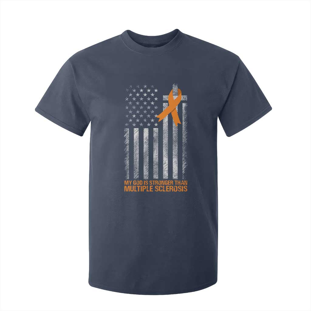 Multiple Sclerosis Support T Shirt For Kid God Stronger Orange Ribbon Christian American Flag