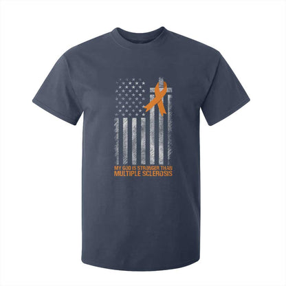 Multiple Sclerosis Support T Shirt For Kid God Stronger Orange Ribbon Christian American Flag