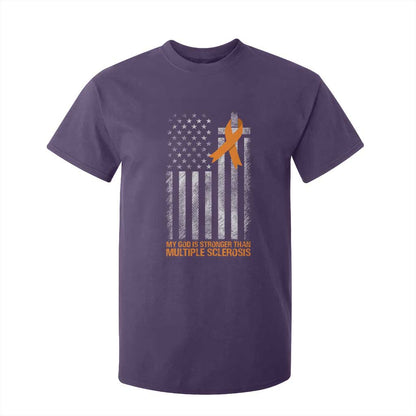Multiple Sclerosis Support T Shirt For Kid God Stronger Orange Ribbon Christian American Flag