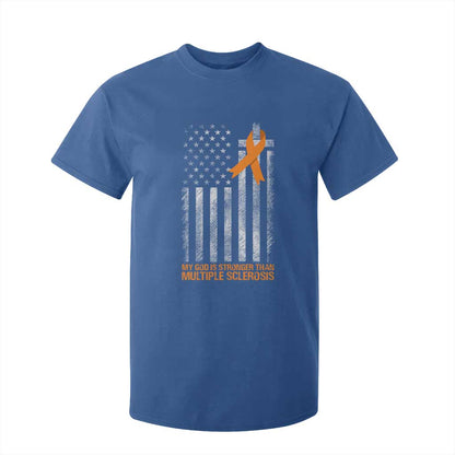 Multiple Sclerosis Support T Shirt For Kid God Stronger Orange Ribbon Christian American Flag