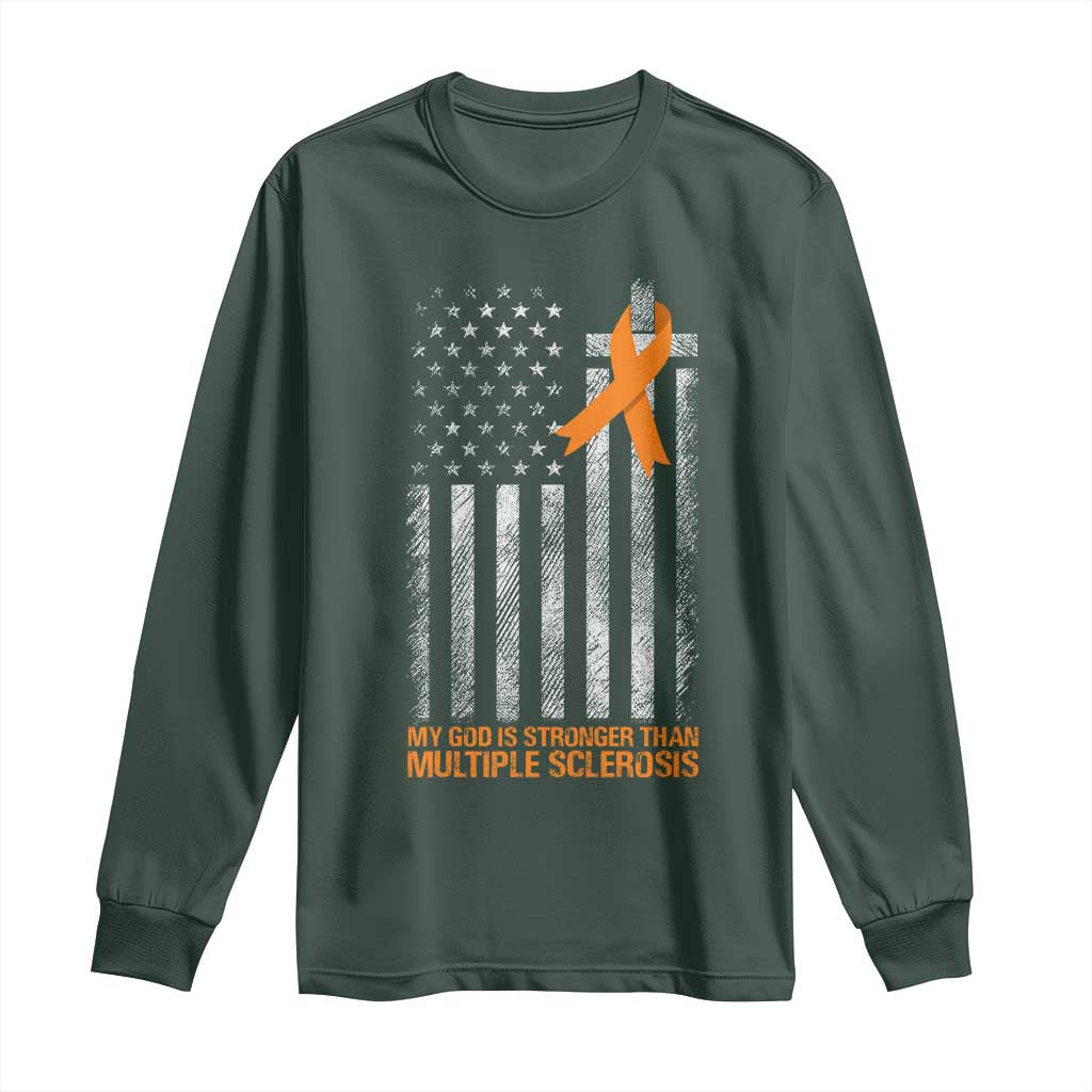Multiple Sclerosis Support Long Sleeve Shirt God Stronger Orange Ribbon Christian American Flag