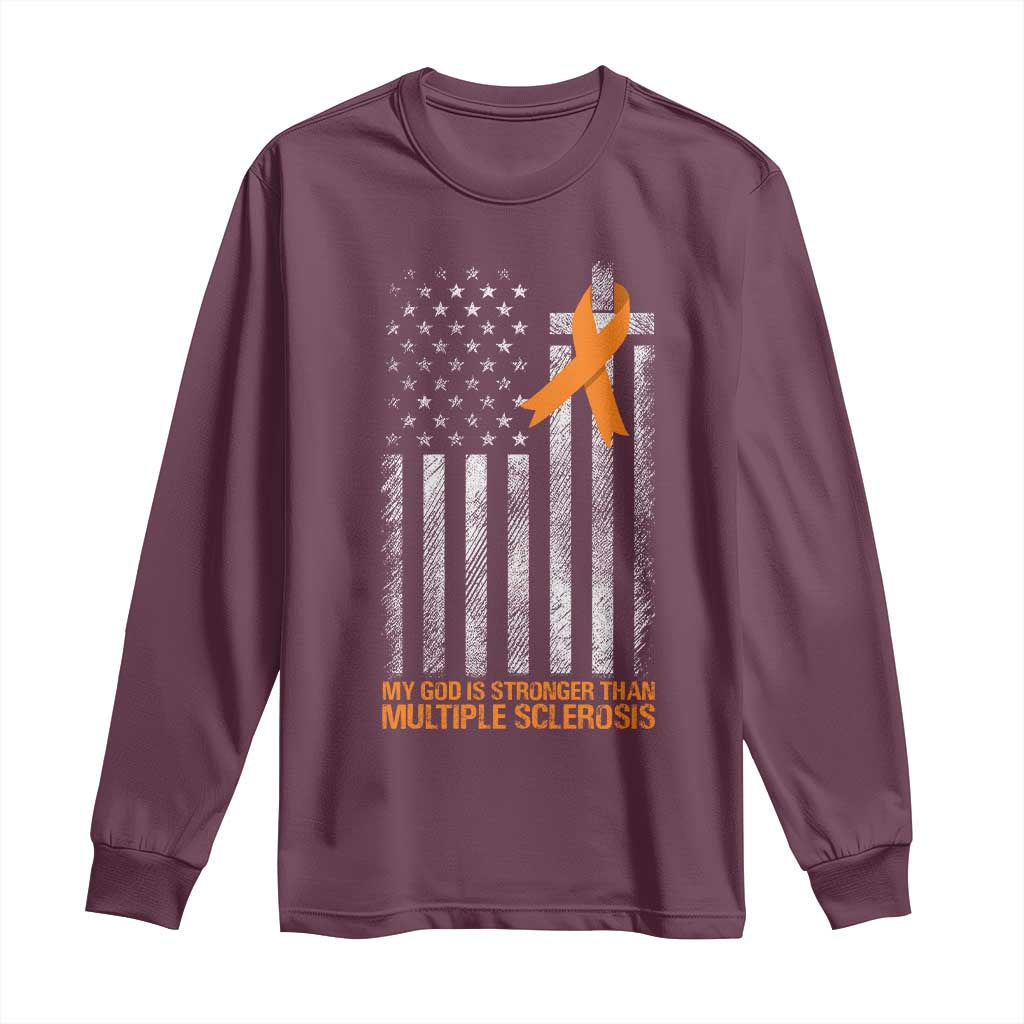 Multiple Sclerosis Support Long Sleeve Shirt God Stronger Orange Ribbon Christian American Flag