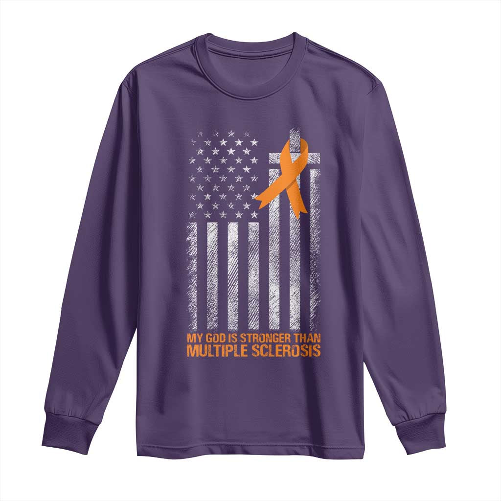 Multiple Sclerosis Support Long Sleeve Shirt God Stronger Orange Ribbon Christian American Flag