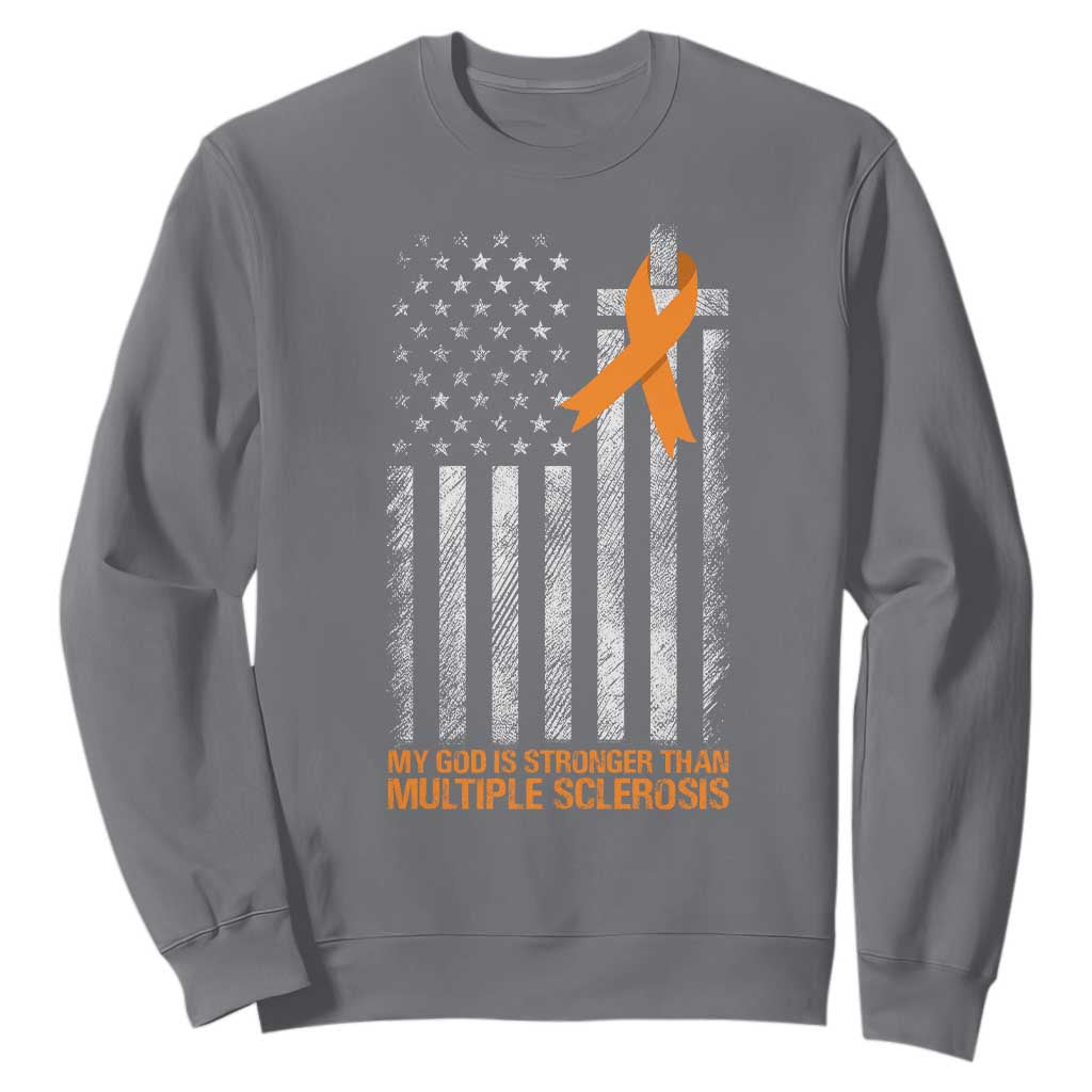 Multiple Sclerosis Support Sweatshirt God Stronger Orange Ribbon Christian American Flag