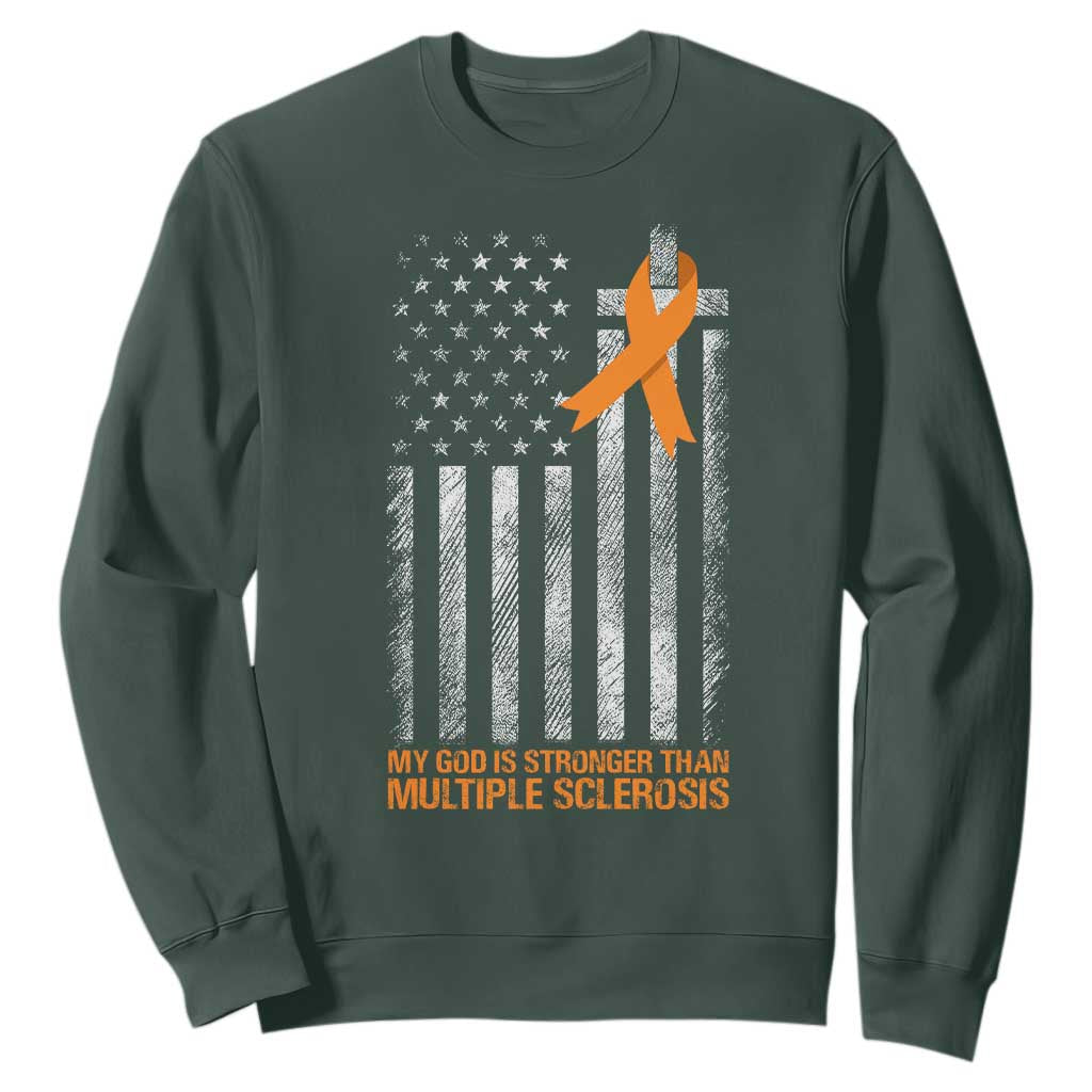 Multiple Sclerosis Support Sweatshirt God Stronger Orange Ribbon Christian American Flag