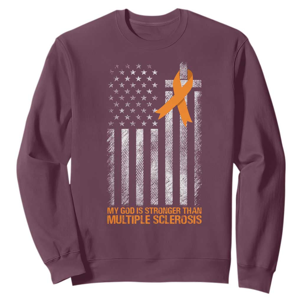 Multiple Sclerosis Support Sweatshirt God Stronger Orange Ribbon Christian American Flag