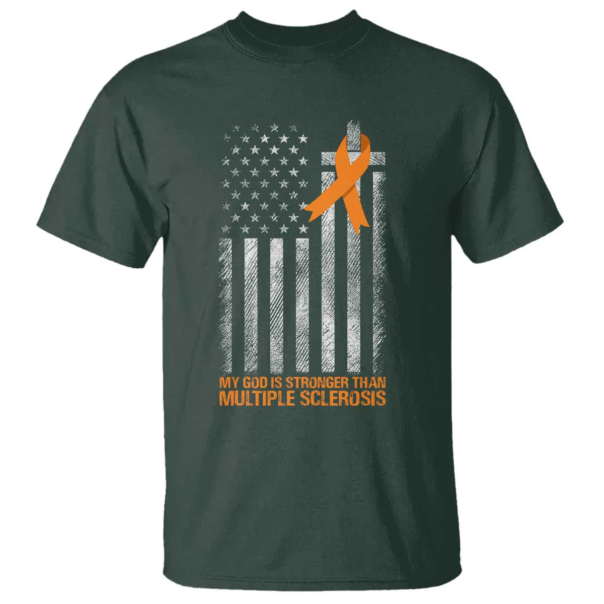 Multiple Sclerosis Support T Shirt God Stronger Orange Ribbon Christian American Flag