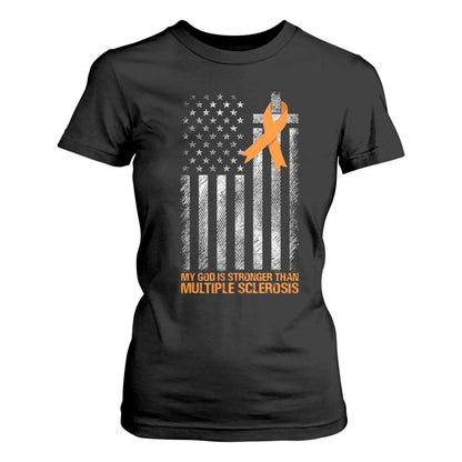 Multiple Sclerosis Support T Shirt For Women God Stronger Orange Ribbon Christian American Flag
