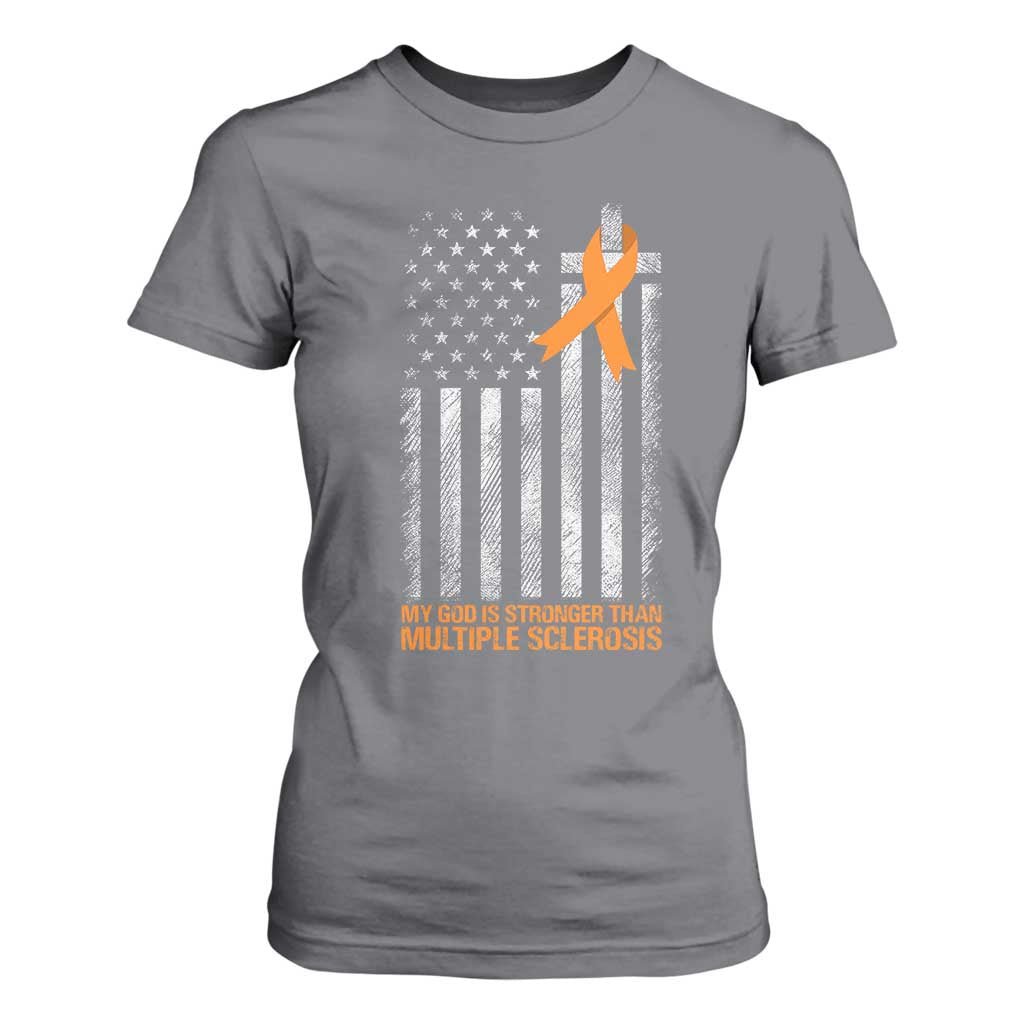 Multiple Sclerosis Support T Shirt For Women God Stronger Orange Ribbon Christian American Flag