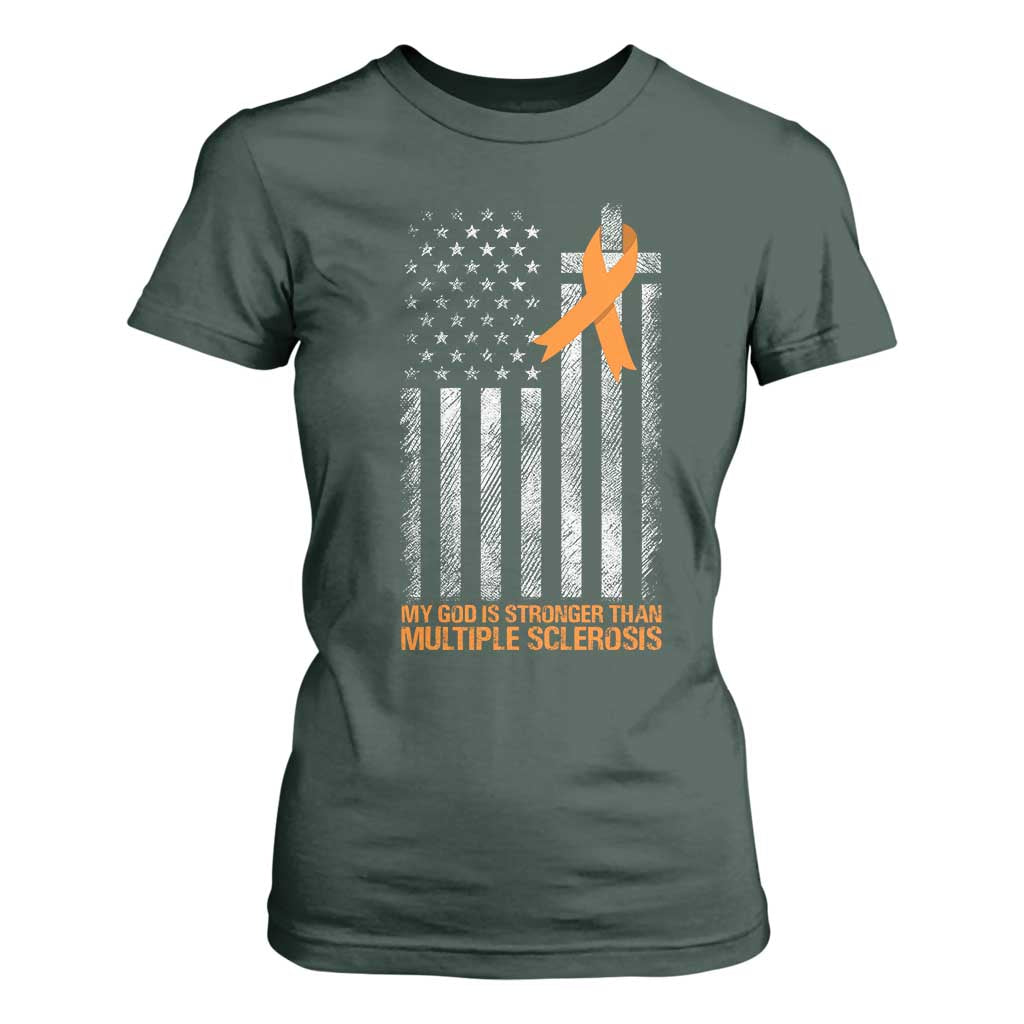 Multiple Sclerosis Support T Shirt For Women God Stronger Orange Ribbon Christian American Flag