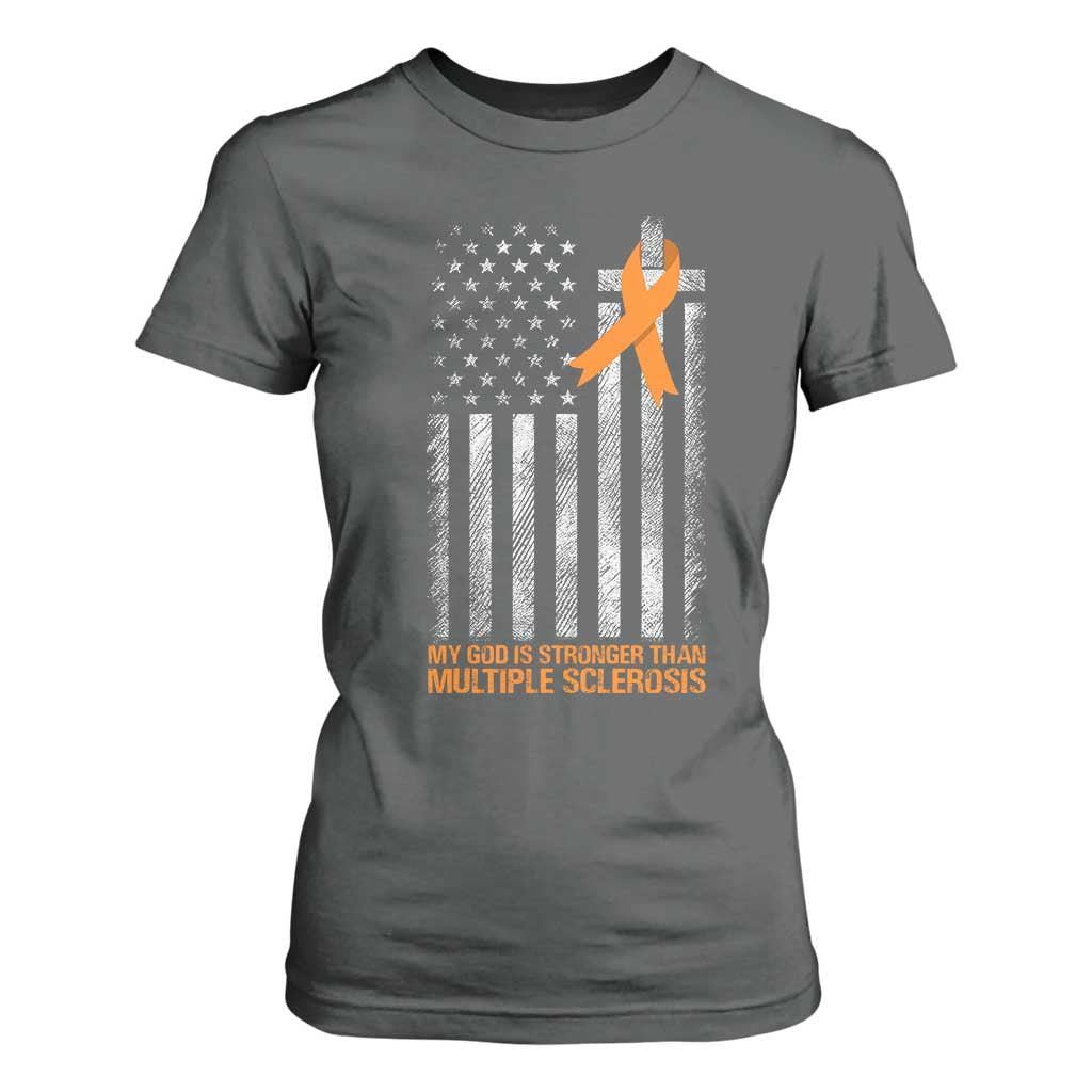 Multiple Sclerosis Support T Shirt For Women God Stronger Orange Ribbon Christian American Flag