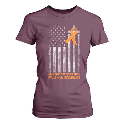 Multiple Sclerosis Support T Shirt For Women God Stronger Orange Ribbon Christian American Flag