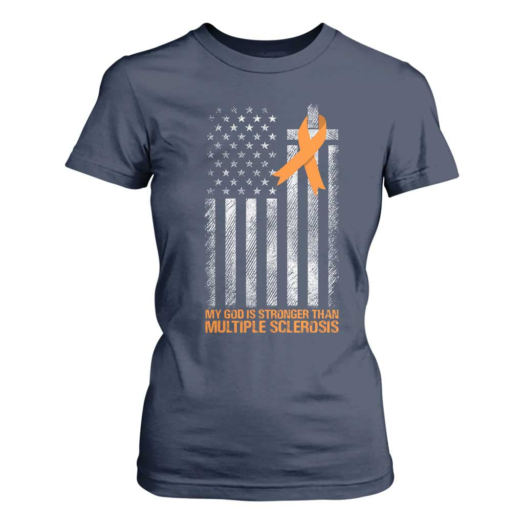 Multiple Sclerosis Support T Shirt For Women God Stronger Orange Ribbon Christian American Flag