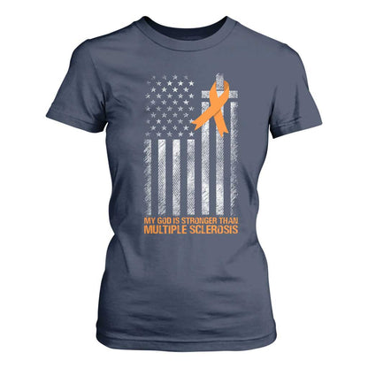 Multiple Sclerosis Support T Shirt For Women God Stronger Orange Ribbon Christian American Flag