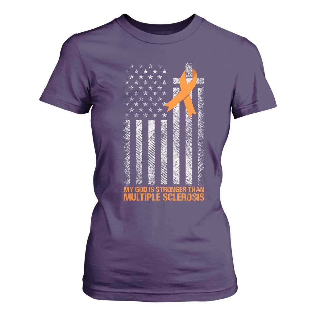 Multiple Sclerosis Support T Shirt For Women God Stronger Orange Ribbon Christian American Flag