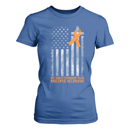 Multiple Sclerosis Support T Shirt For Women God Stronger Orange Ribbon Christian American Flag