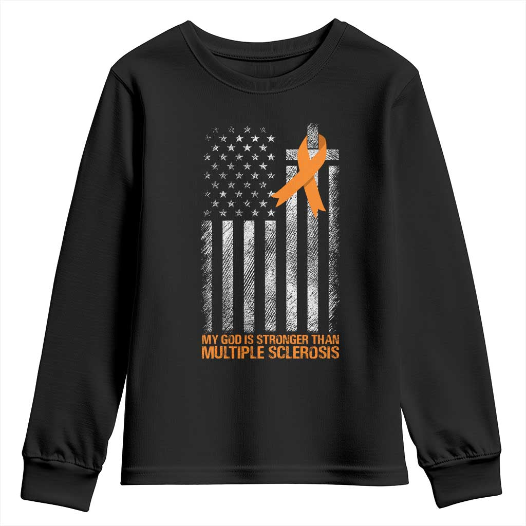 Multiple Sclerosis Support Youth Sweatshirt God Stronger Orange Ribbon Christian American Flag