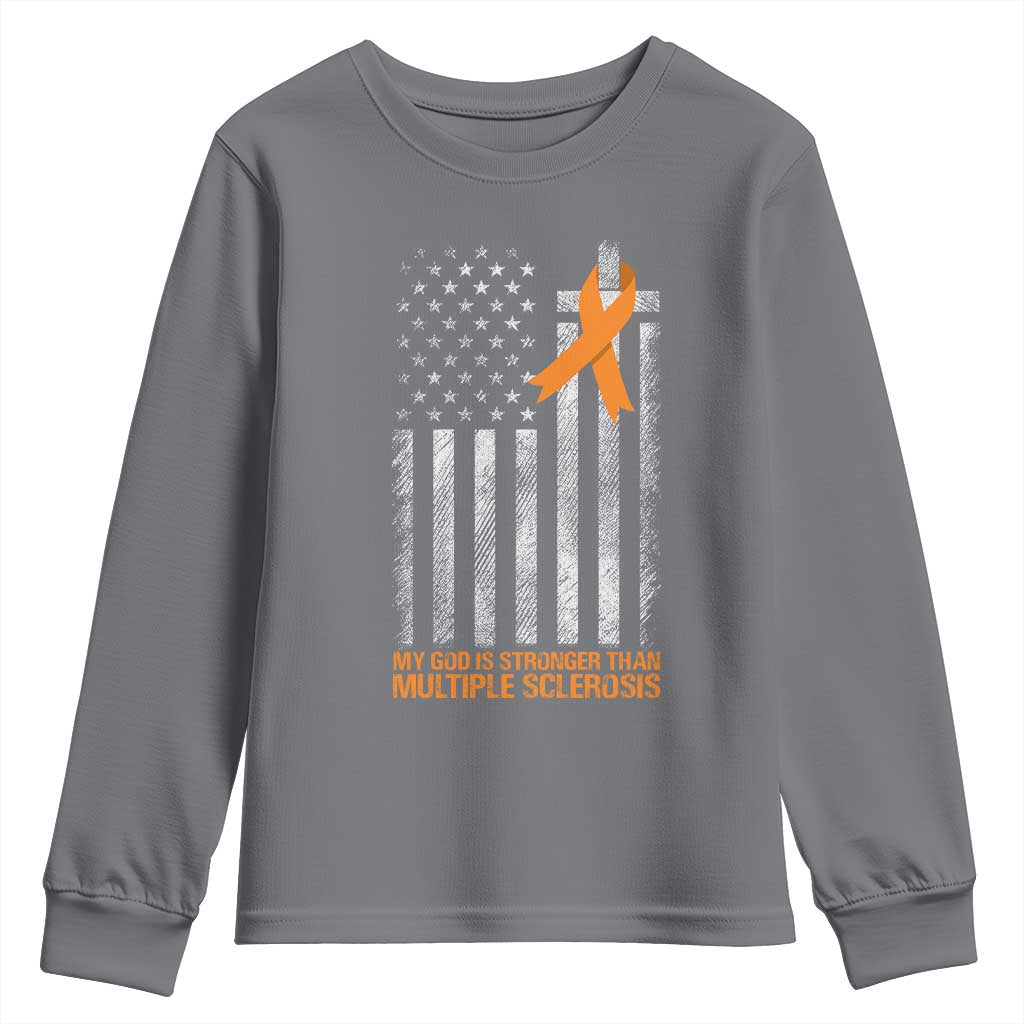 Multiple Sclerosis Support Youth Sweatshirt God Stronger Orange Ribbon Christian American Flag