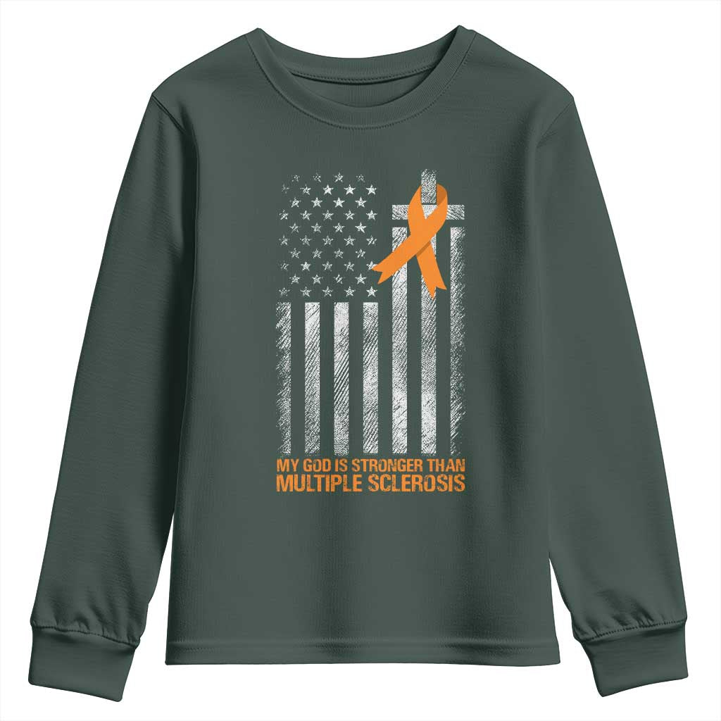 Multiple Sclerosis Support Youth Sweatshirt God Stronger Orange Ribbon Christian American Flag