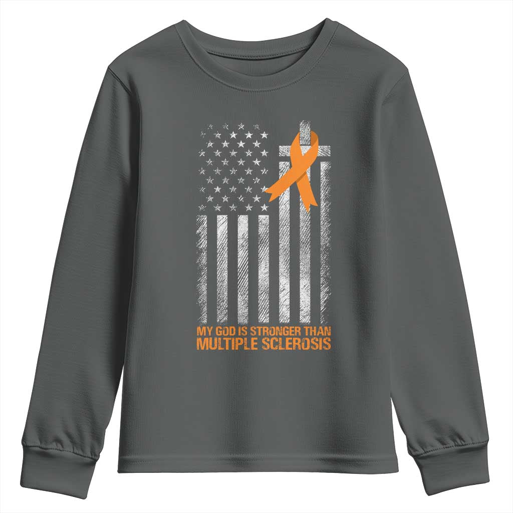 Multiple Sclerosis Support Youth Sweatshirt God Stronger Orange Ribbon Christian American Flag