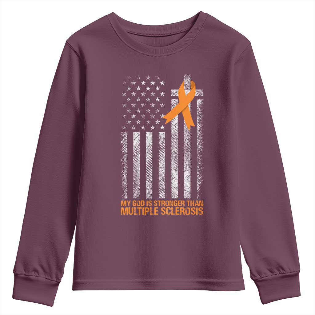 Multiple Sclerosis Support Youth Sweatshirt God Stronger Orange Ribbon Christian American Flag