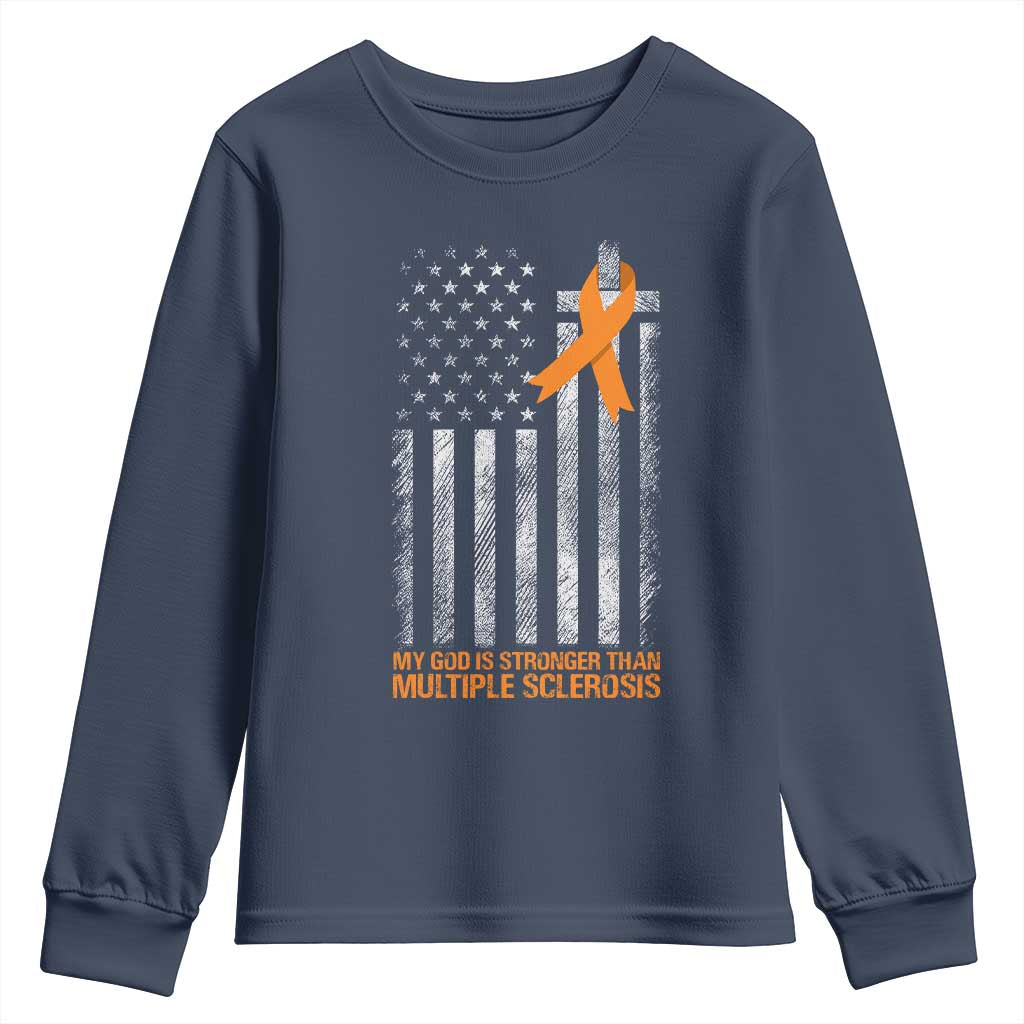 Multiple Sclerosis Support Youth Sweatshirt God Stronger Orange Ribbon Christian American Flag