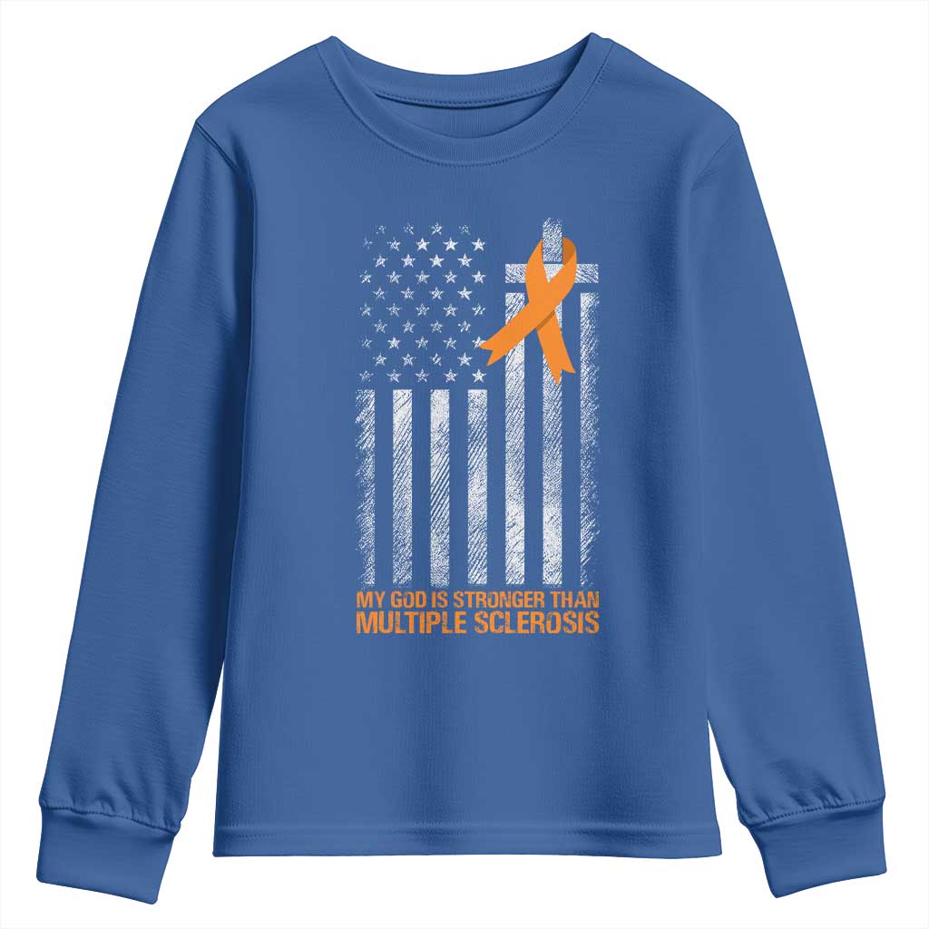 Multiple Sclerosis Support Youth Sweatshirt God Stronger Orange Ribbon Christian American Flag