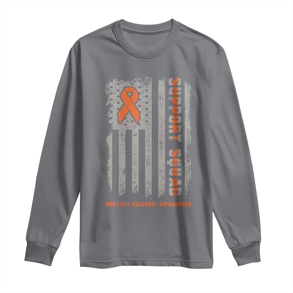 MS Support Squad Long Sleeve Shirt Orange Ribbon Multiple Sclerosis Fighter USA Flag