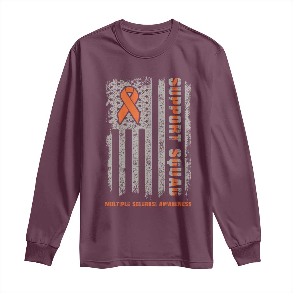 MS Support Squad Long Sleeve Shirt Orange Ribbon Multiple Sclerosis Fighter USA Flag