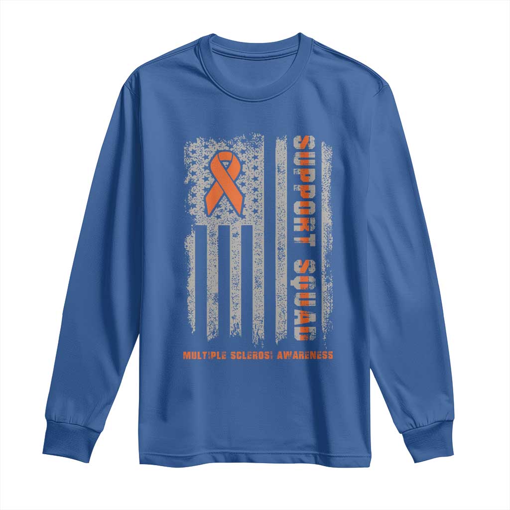 MS Support Squad Long Sleeve Shirt Orange Ribbon Multiple Sclerosis Fighter USA Flag