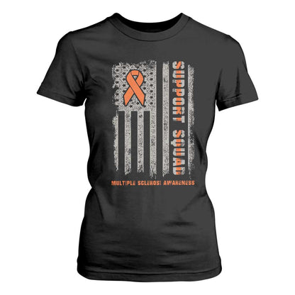 MS Support Squad T Shirt For Women Orange Ribbon Multiple Sclerosis Fighter USA Flag