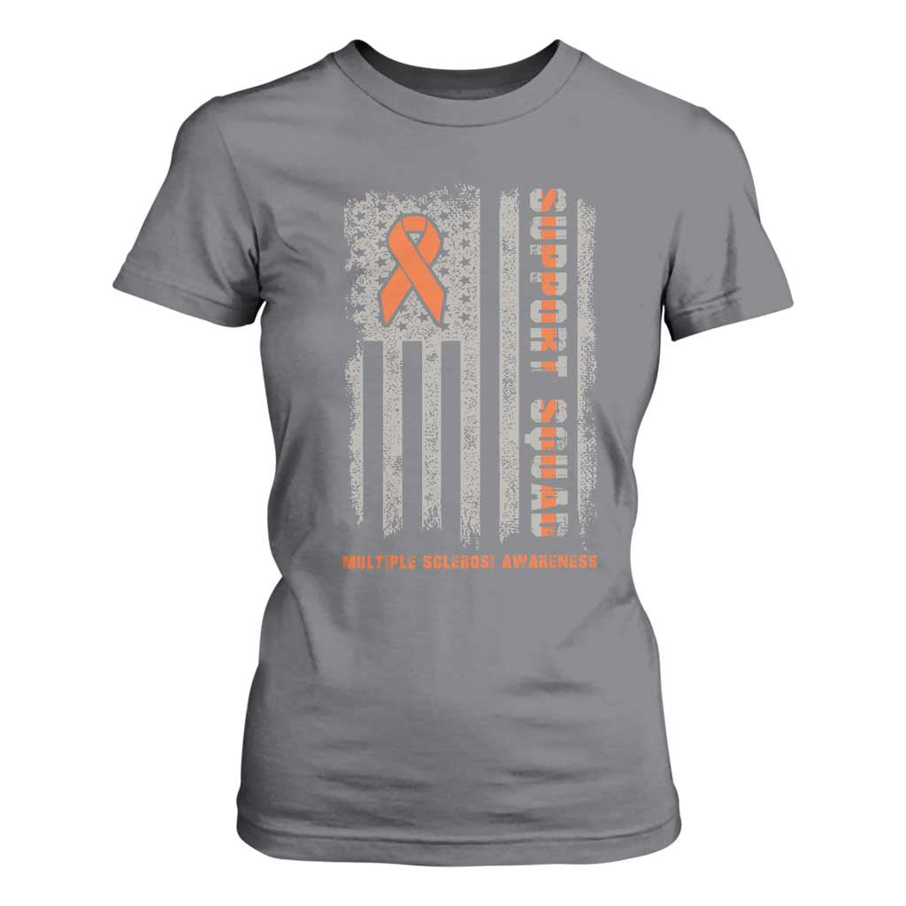MS Support Squad T Shirt For Women Orange Ribbon Multiple Sclerosis Fighter USA Flag