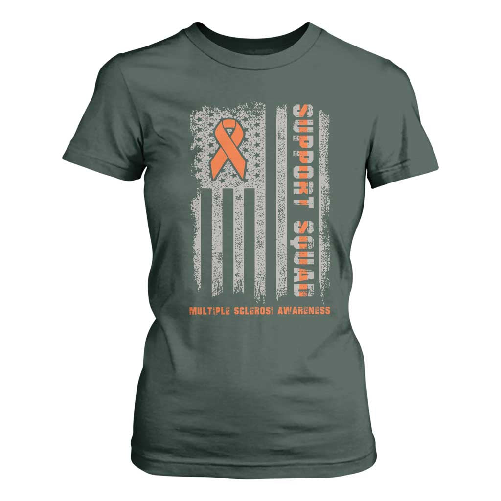 MS Support Squad T Shirt For Women Orange Ribbon Multiple Sclerosis Fighter USA Flag