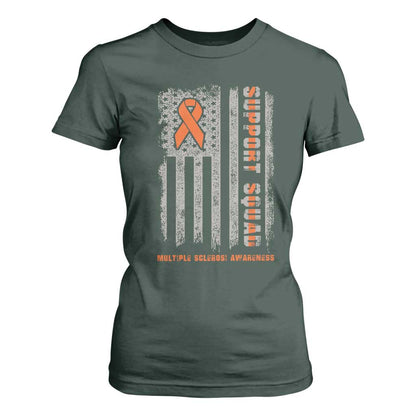 MS Support Squad T Shirt For Women Orange Ribbon Multiple Sclerosis Fighter USA Flag