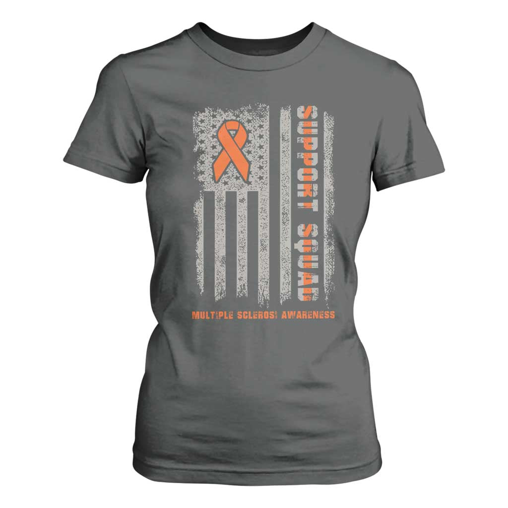 MS Support Squad T Shirt For Women Orange Ribbon Multiple Sclerosis Fighter USA Flag